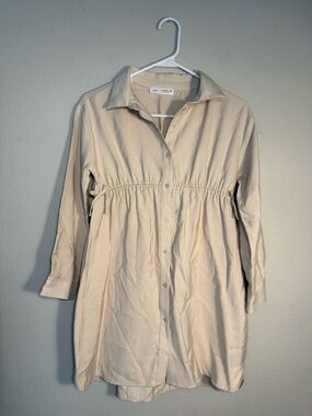 Zara Kids Girls Gathered Waist Shirt Dress Cream 11/12 minimalist preppy casual